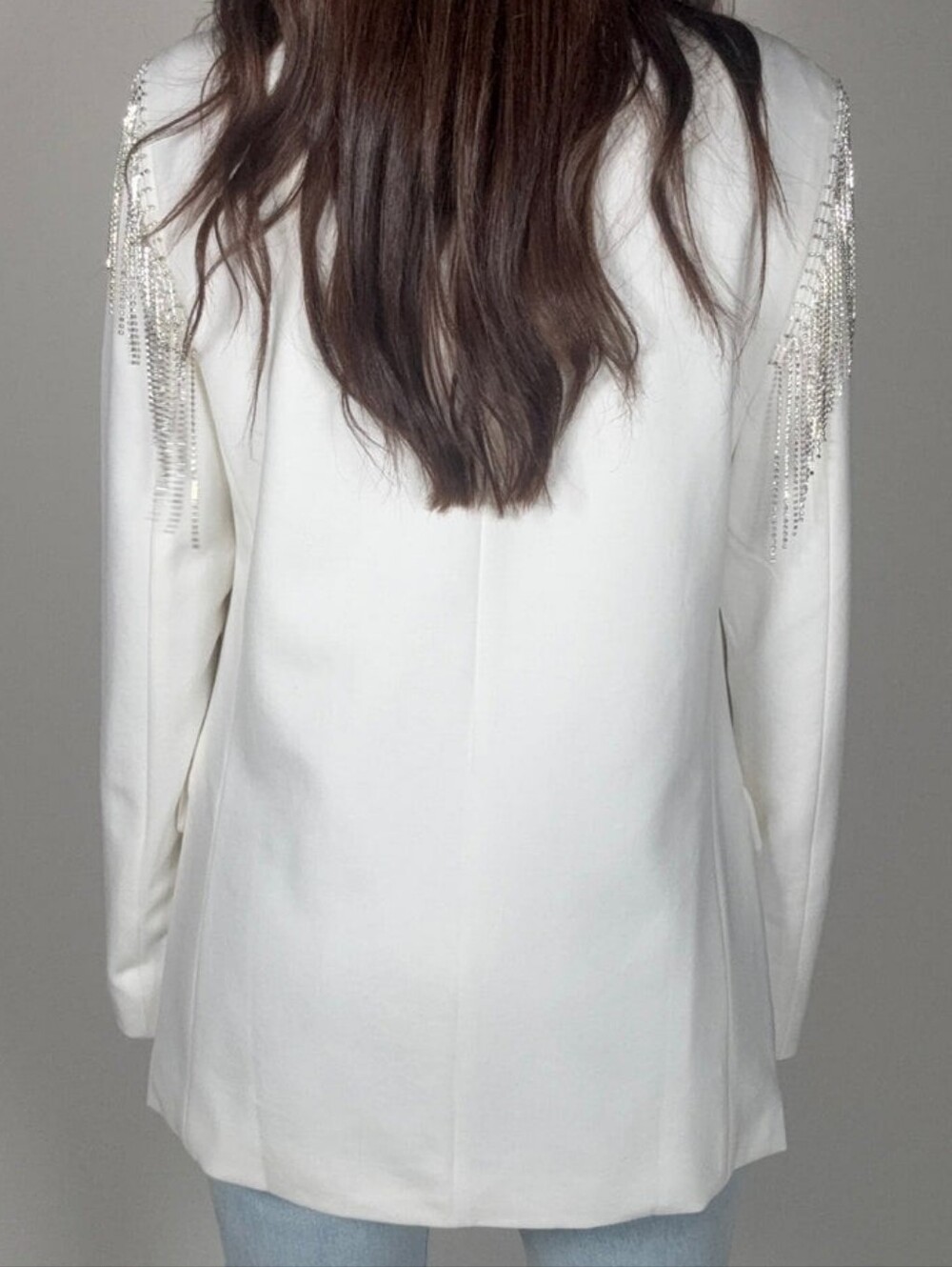 NWT Blue B White Western Stretch Boyfriend Rhinestone Fringe Shoulder Blazer - Picture 11 of 11